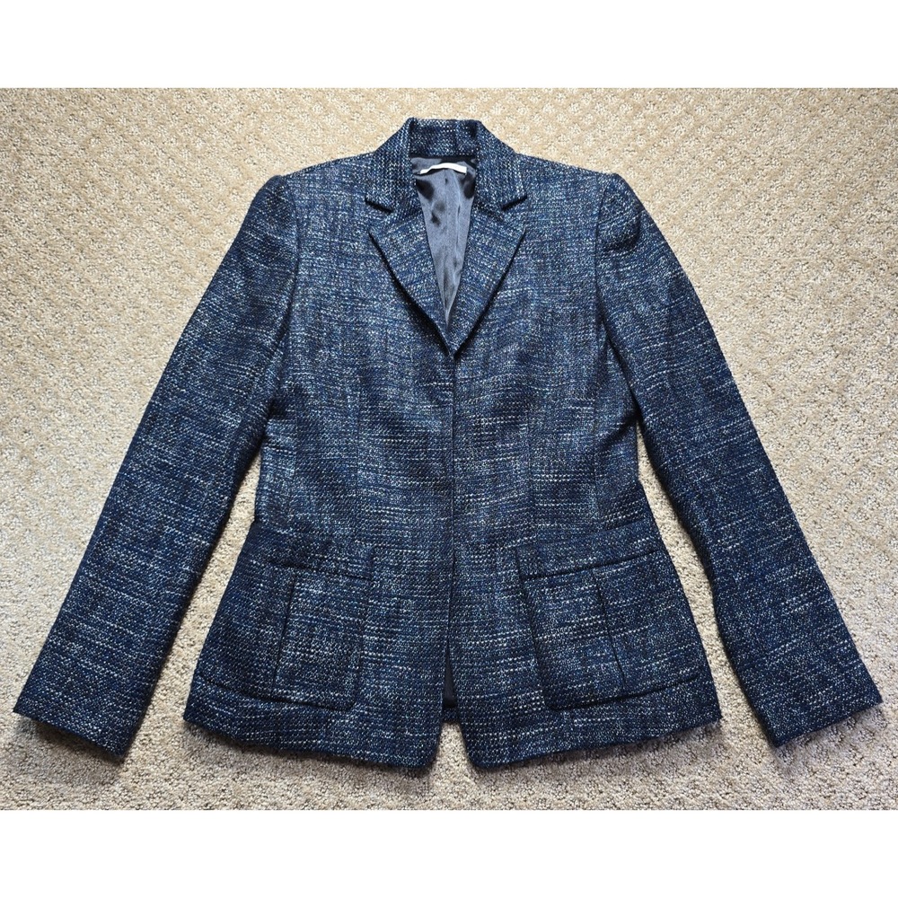 Tahari Size 4 Blue Tweed Blazer Jacket Silver Metallic Shimmer Stretch Lined